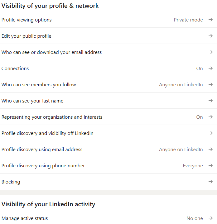 "Visibility of your profile & network" section on LinkedIn