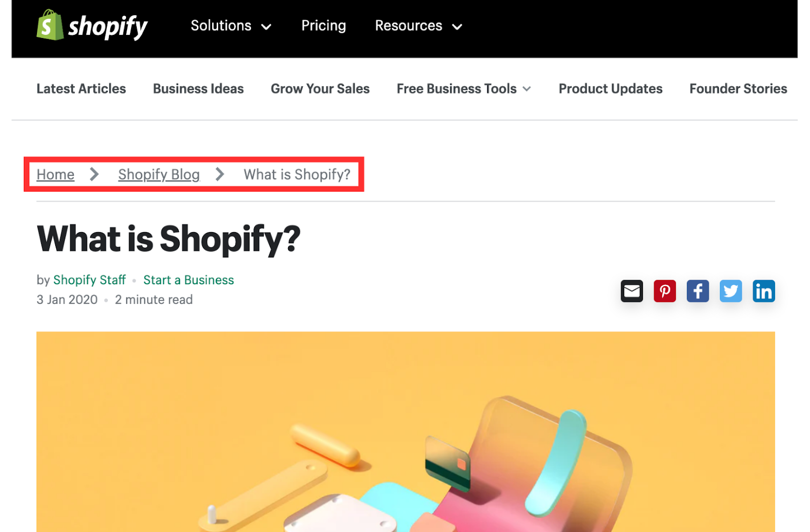 The image shows how Shopify uses hierarchy-based breadcrumbs on its blog page.